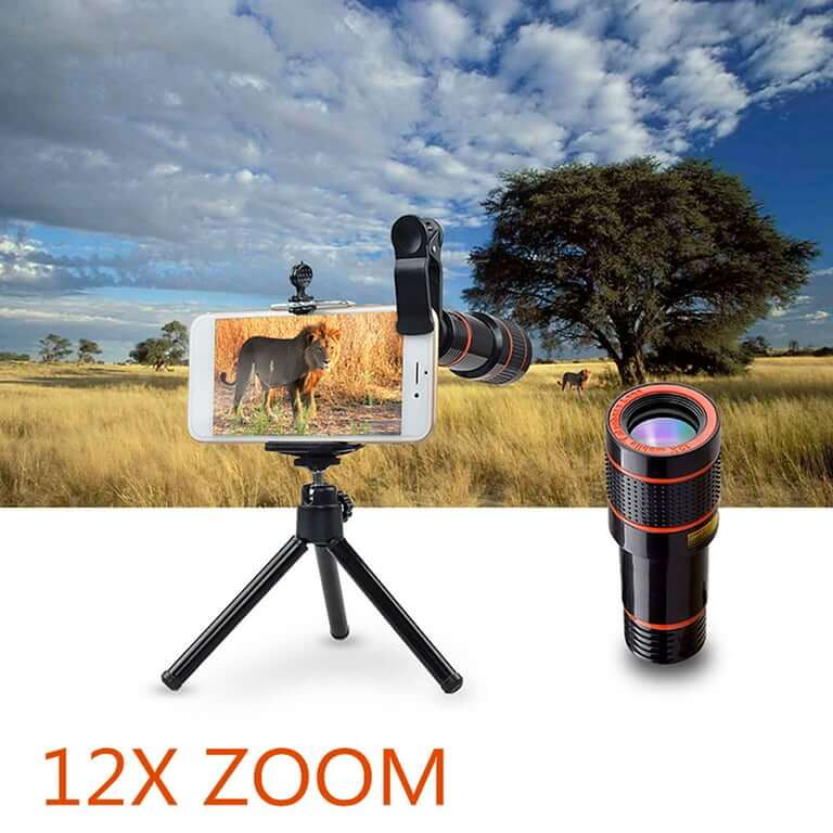 12x zoom objektiv za mobilni telefon sa prikazom uvecanja.