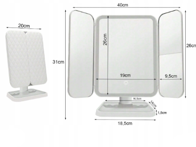 Dimenzije preklopivog trostrukog ogledala za sminkanje. Kompaktan dizajn, idealan za putovanja i male prostore.