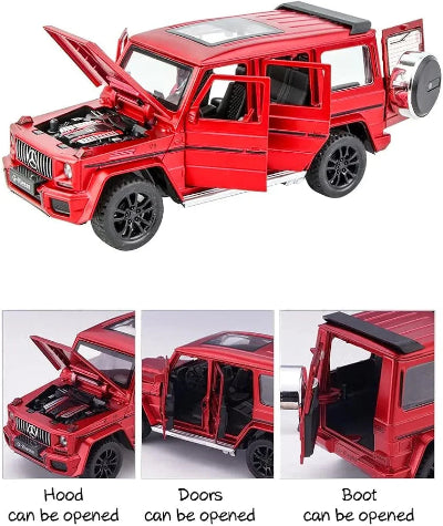 Model crvenog G-Klase sa otvorenim prednjom haubom, prednjim i zadnjim desnim vratima i prtljažnikom. Donje tri slike prikazuju krupne planove otvorenih haube, vrata i prtljažnika sa tekstom Hauba se može otvoriti,Vrata se mogu otvoriti,Prtljažnik se može otvoriti.