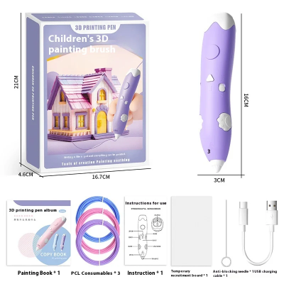 Pakovanje 3D olovke za crtanje. Sadrzi USB kabl za punjenje i uputstvo. Komplet za pocetnike sa filamentom za kreiranje prvih 3D modela.