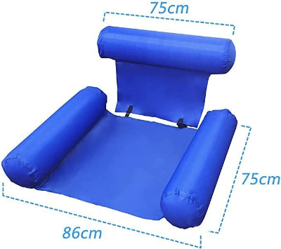 Prikaz dimenzija plave plutajuce lezaljke. Kompaktna i laka za pakovanje. Idealno za putovanja.