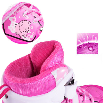 Detalj rolsue: mekan ulozak i sigurne kopce. Podesiva cizma za udobnost i sigurnost pri klizanju. Roze i bela boja.