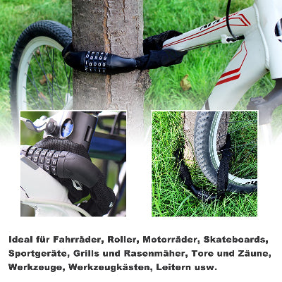 Kolaz slika prikazuje primenu sigurnosnog lanca za bicikle, motore, skutere i decija kolica. Univerzalna zastita.