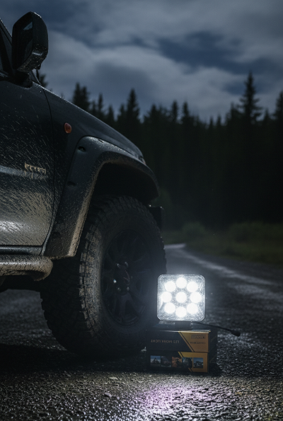 Jaki LED radni reflektor u upotrebi nocu na terenskom vozilu 4x4 odlicno dodatno osvetljenje off road