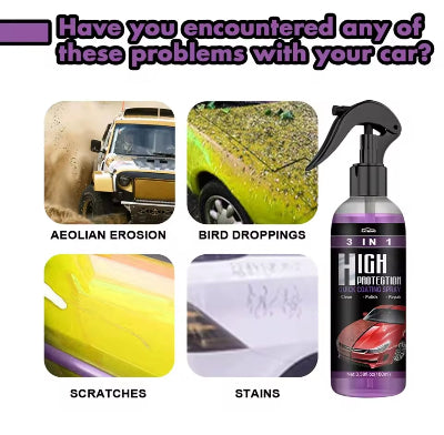 Prikaz problema na automobilu kao sto su prasina, ogrebotine i mrlje. Rayhong sprej nudi resenje za sve te probleme.