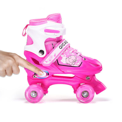 Roleri za devojcice roze boje. Podesive rolsue sa cetiri tocka. Patike za klizanje sa kocnicom. Svetleci tockici za decu.