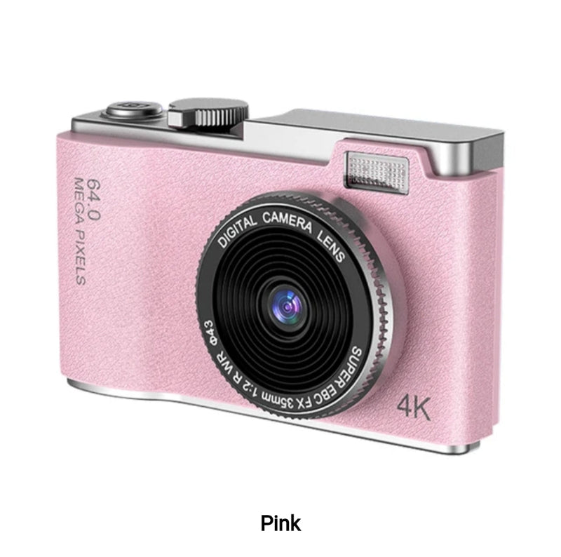 Roze digitalni fotoaparat sa 64 megapiksela, 4K video rezolucijom, objektivom SUPER EBC FX 35mm 1:2.8 WR Ф43 i srebrnim detaljima