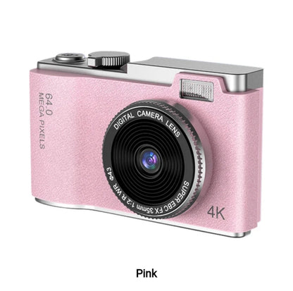 Roze digitalni fotoaparat sa 64 megapiksela, 4K video rezolucijom, objektivom SUPER EBC FX 35mm 1:2.8 WR Ф43 i srebrnim detaljima