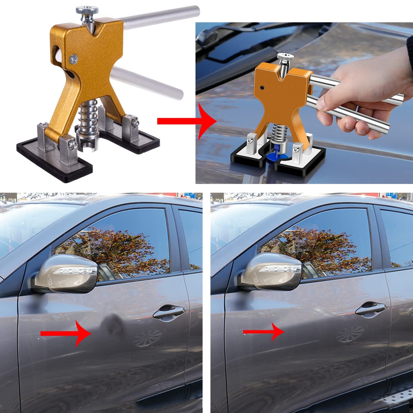  Set za popravku udubljenja na autu, prikazuje alat i postupak popravke udubljenja bez ostecenja boje. Na slici je prikazano udubljenje na vratima automobila pre i posle popravke.