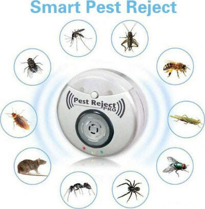 Smart Pest Reject uredjaj za rasterivanje stetocina, okruzen ikonama insekata poput komaraca, buba, muva i pauka. Efektivan.