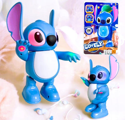 Dve poze plesa Stitch robot igracke pored originalnog pakovanja muzika i ples za decu omiljeni Disney junak