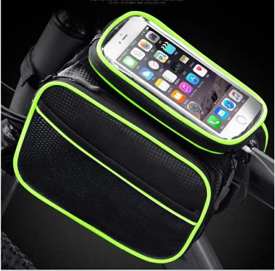 Vodootporna torbica za bicikl i drzac mobilnog telefona sa touchscreen prozorom. Univerzalna torba za ram bicikla, crno-zelena.
