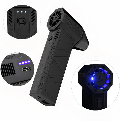 Detalji punjivog turbo ventilatora, prikaz baterije i LED indikator punjenja. Dugo trajanje baterije.