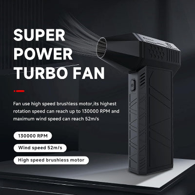 Super mocan turbo ventilator sa visokom brzinom do 130000 RPM. Bez cetkica motor, snazan protok vazduha. Punjivi prenosni ventilator.