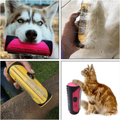 Kolaz slika prikazuje cetku u upotrebi na raznim rasama pasa i macaka. Resenje za dlake po kuci.
