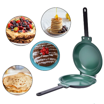Kolaz slika prikazuje tiganj za palacinke, sendvice, peciva, preklapa se, idealan za brzu i jednostavnu pripremu hrane.
