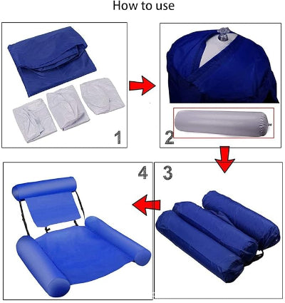 Vizuelno uputstvo za sklapanje i koriscenje plutajuce lezaljke za vodu. Brzo i jednostavno.