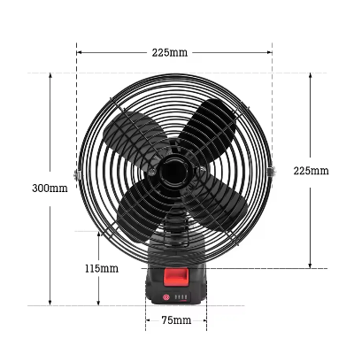 Dimenzije prenosivog ventilatora, tehnicki crtez, kompaktne dimenzije, lako prenosiv, detaljne specifikacije.