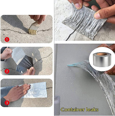 Rolna srebrne vodootporne aluminijumske butil guma trake. Prikazana upotreba na betonu i zidu.
