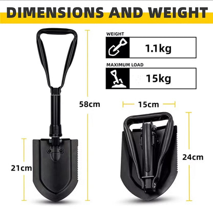 Multifunkcionalna vojna lopata za kampovanje sa tezinu od 1,1kg i dimenzijama 58x15cm.
