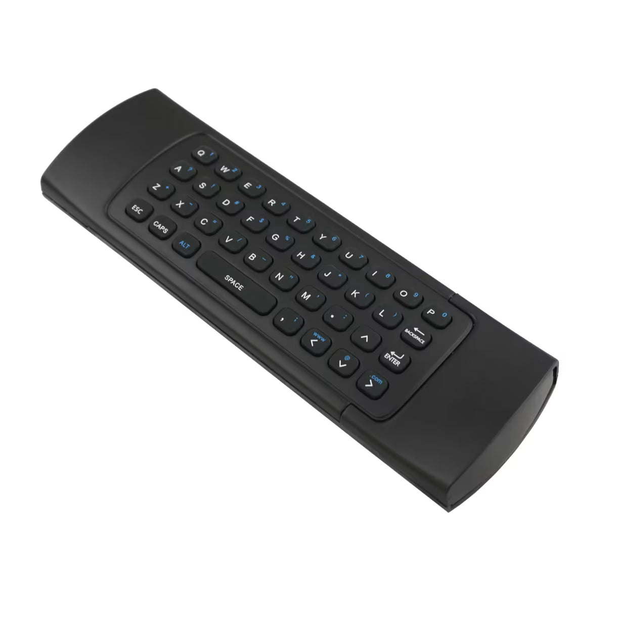 Kosi prikaz poledjine crnog pametnog uredjaja sa kompletnom mini tastaturom za brzo kucanje na beloj pozadini