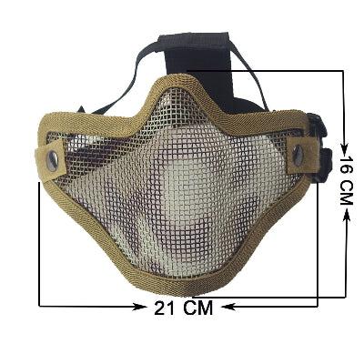 Krem airsoft maska za zastitu lica sa jasnim dimenzijama, pruzajuci precizne mere za odabir odgovarajuce velicine.