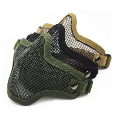Airsoft maska za zastitu donje polovine lica, dostupna u maslinastoj, crnoj i krem boji, idealna za airsoft igru i boravak u prirodi.