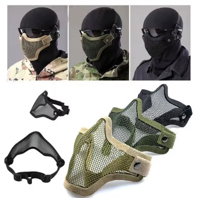 Kolekcija airsoft maski za lice, prikazujuci razlicite modele i kako se nose, sa opcijama za crnu, maslinastu i krem boju.