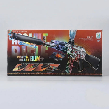 Kutija Ak-47 igracke puske na vodene kuglice sa ilustracijom i opisom efekata