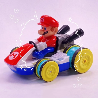 prikaz super mario automobila u pokretu sa vizuelnim efektima koji sugerisu brzinu i zabavnu dinamiku voznje za malisane