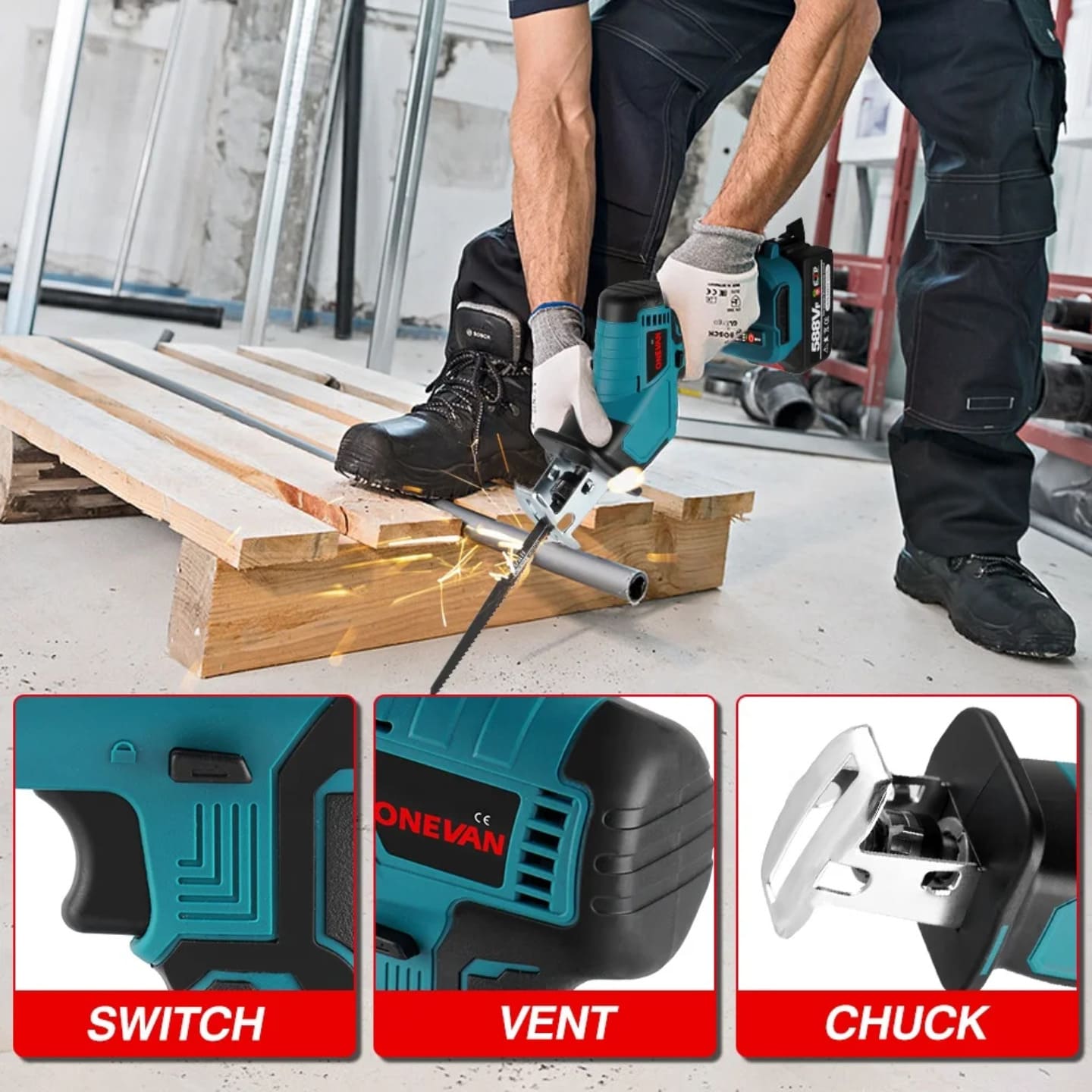 Akumulatorska recipro testera u realnoj upotrebi na gradilištu, snažan alat za sečenje metala i drveta