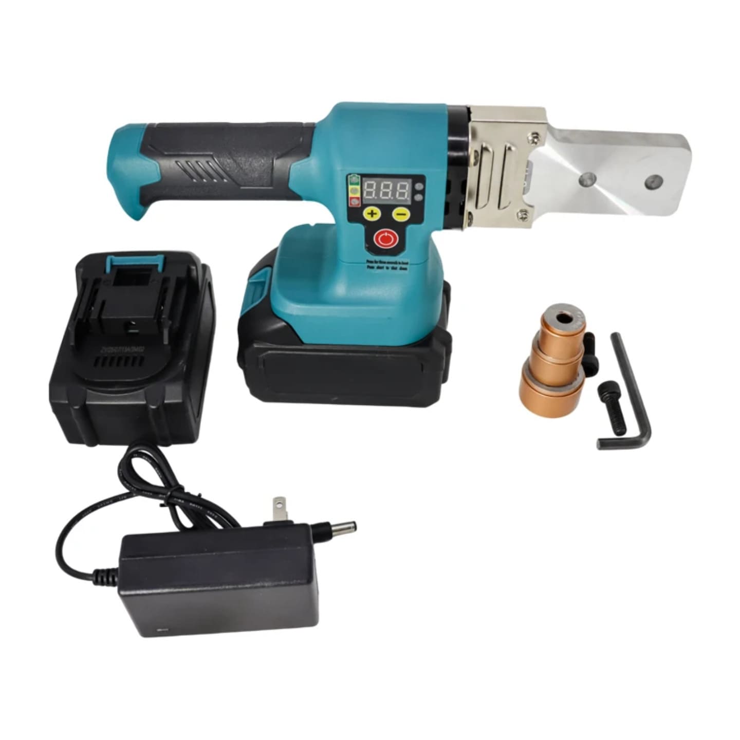 Akumulatorski aparat za zavarivanje plasticnih cevi sa baterijom, punjacem i grejnim nastavcima za PPR cevi