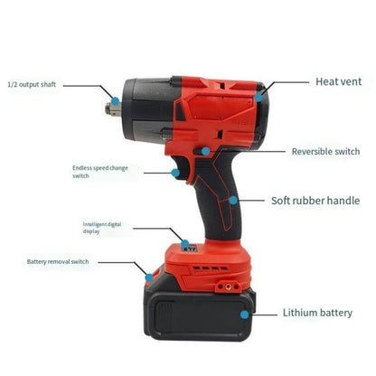 Akumulatorski udarni odvijac sa oznacenim delovima kao sto su izlazna osovina prekidac smera i litijumska baterija