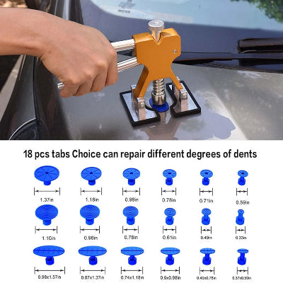 Alat za popravku udubljenja na automobilima u akciji, koristi se za popravku udubljenja na haubi. Alat je pogodan za ispravljanje lima.