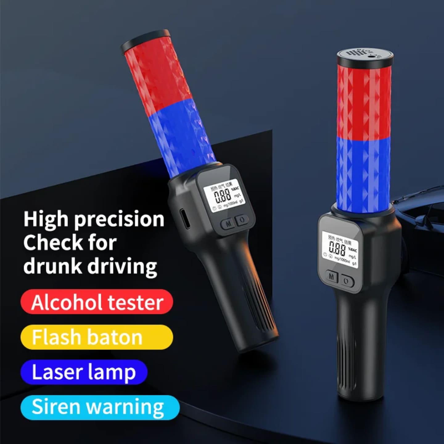 Uredjaj kombinuje alkotest funkciju, laser lampu, led signalizaciju i zvucno upozorenje, sto ga cini visenamenskim bezbednosnim alatom u saobracaju i nocnim uslovima.