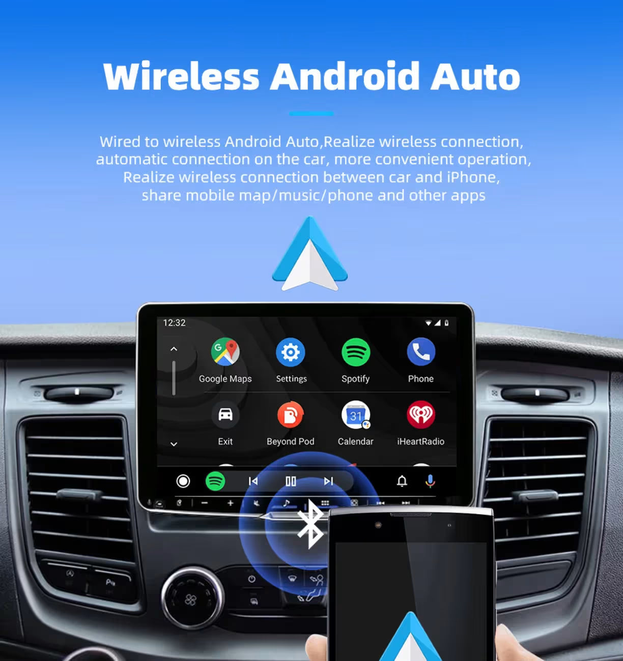 Prikaz ekrana auto multimedije sa ikonama za mape i muziku koji se bezicno povezuje sa mobilnim telefonom putem blutut veze