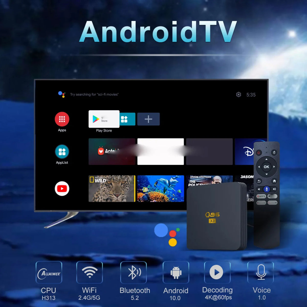 Android TV interfejs sa G96 X3 box uredjajem i oznakama za WiFi 2.4G 5G i 4K dekodiranje