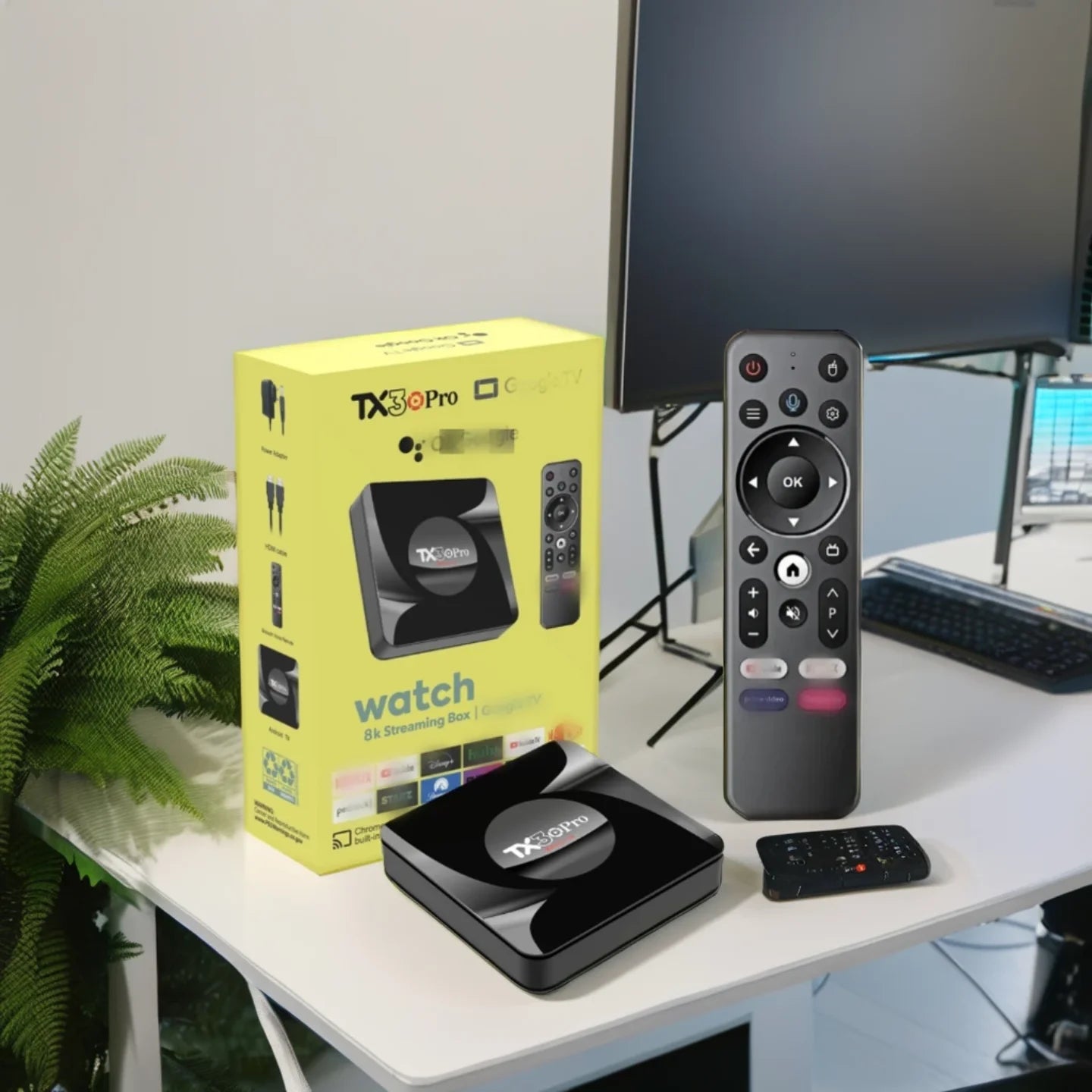 Android TV box TX3 Pro sa daljinskim na radnom stolu pored monitora