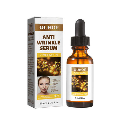 Serum protiv bora sa kolagenom. Bocica i pakovanje sa natpisom 'Anti Wrinkle Serum' i slikom zene.