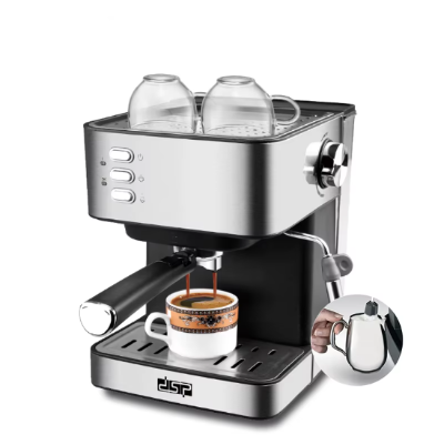 Aparat za espresso kafu sa posudom za mleko za penu. Na vrhu se nalaze dve staklene soljice za kafu. Priprema kafu za espreso, kapucino i late, idealno za domacinstvo.