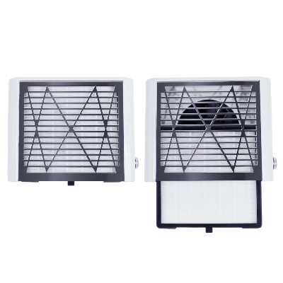 pogled odozgo na beli usisivac za nokte sa prikazom jednostavnog mehanizma fioke za vadjenje filtera