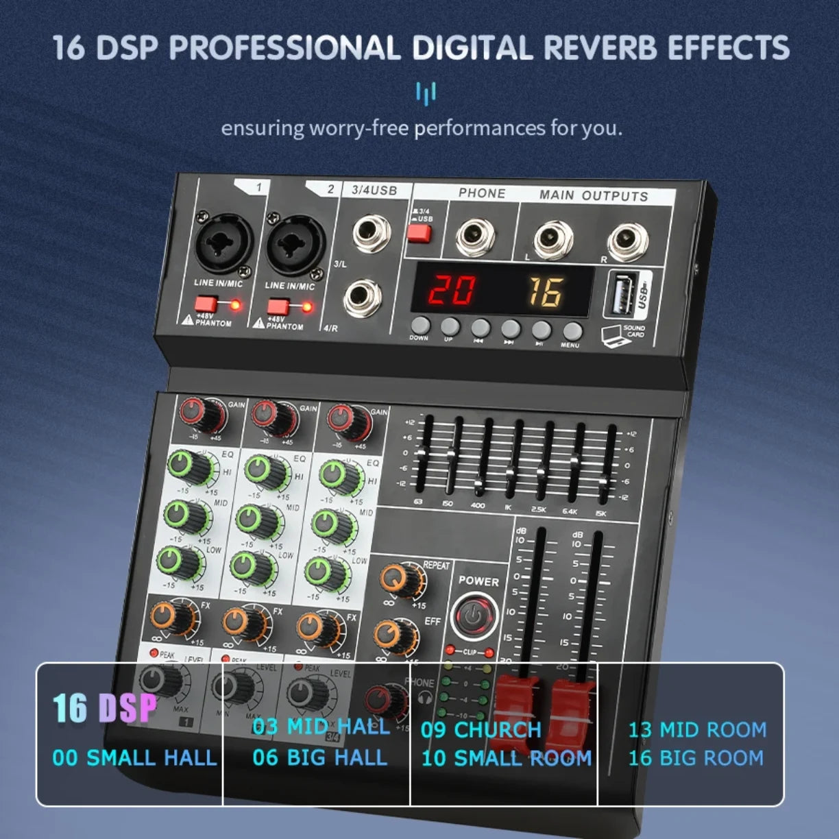 Audio mikser sa 16 DSP digitalnih efekata reverba
