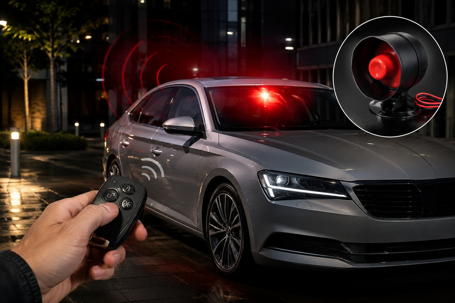 Auto alarm sistem aktiviran na parkiranom automobilu nocu uz daljinsko upravljanje i sigurnosnu sirenu.
