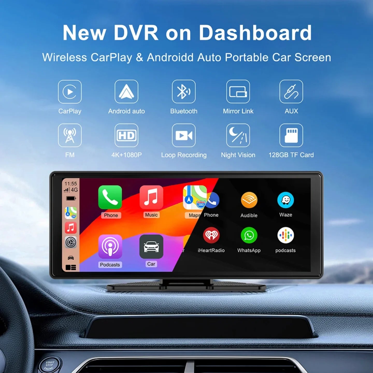 Reklamni prikaz prenosnog auto ekrana sa carplay android auto i dvr funkcijama