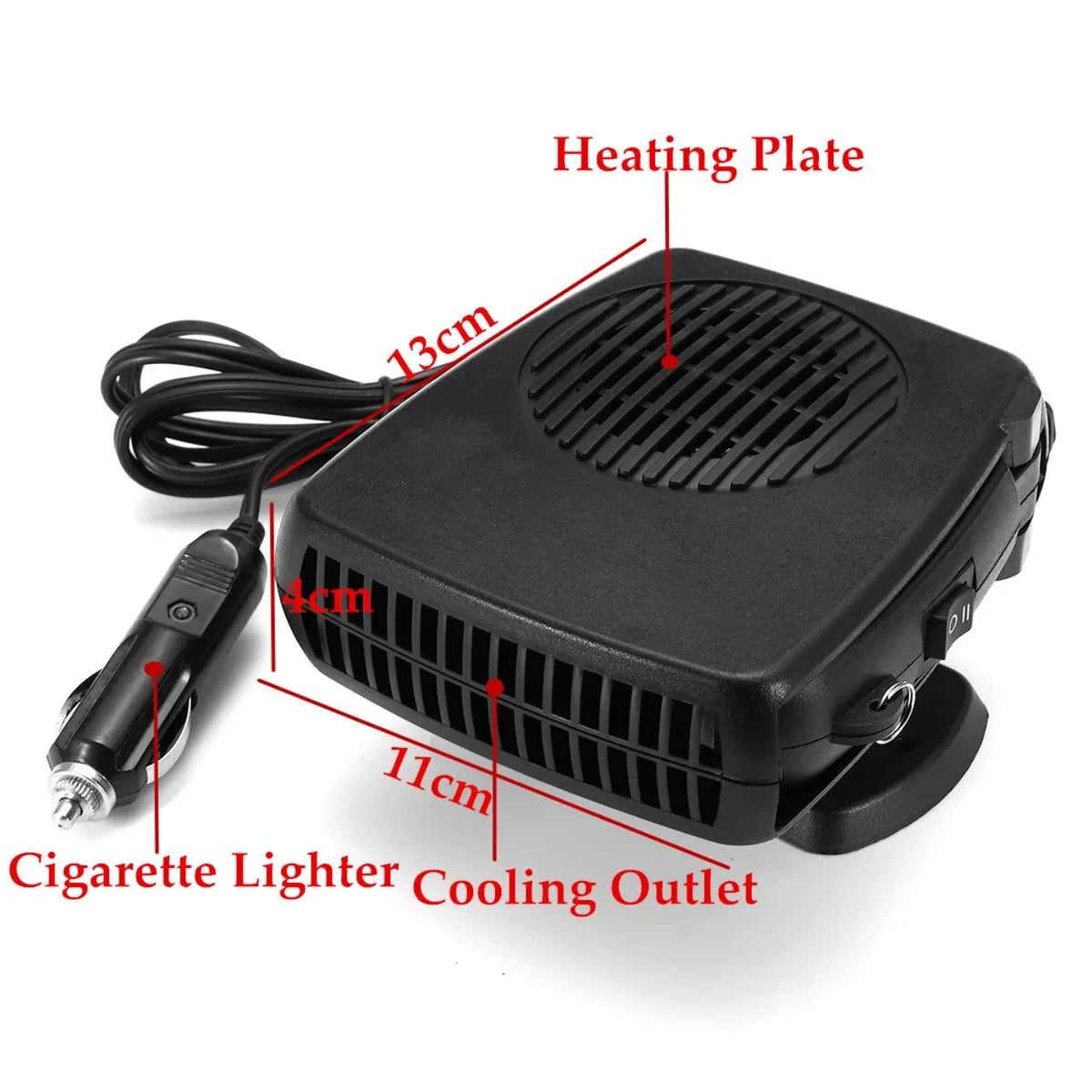 Auto grejalica i ventilator 12V sa oznacenim dimenzijama