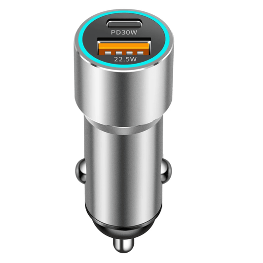 Auto punjač 30W PD sa USB-A 22.5W izlazom u metalnom kućištu
