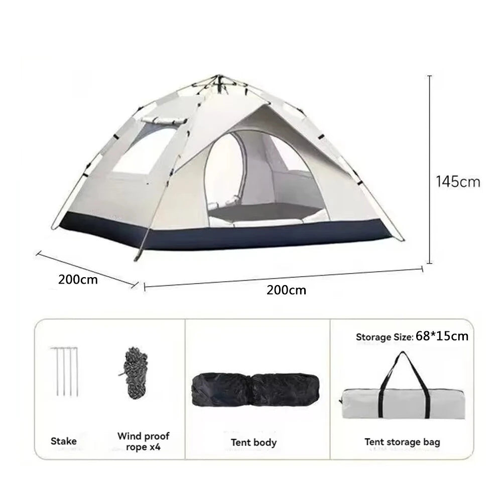 Automatski sator za kampovanje sa dimenzijama 200x200x145 cm i kompletnom opremom za montazu