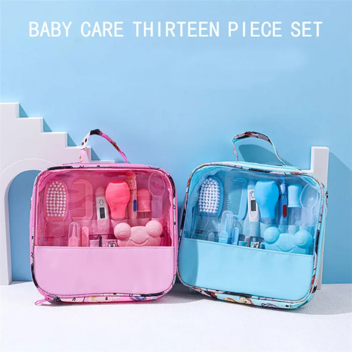 Roze i plavi komplet za negu beba sa natpisom baby care thirteen piece set