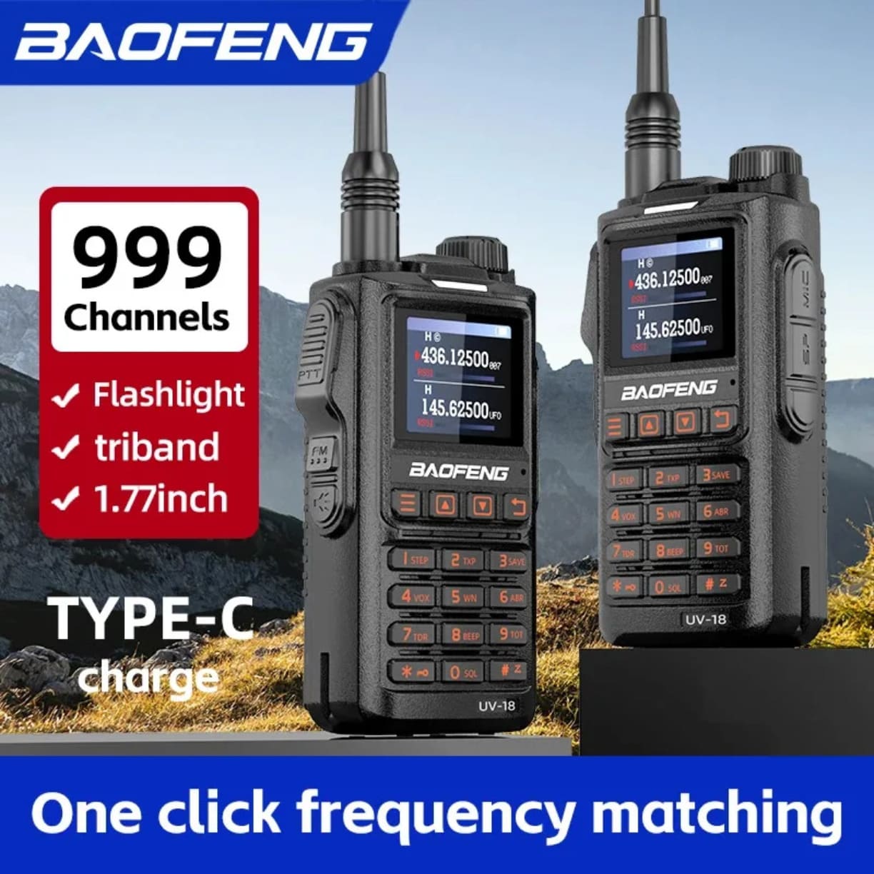 Baofeng UV-18 walkie talkie sa 999 kanala i Type-C punjenjem