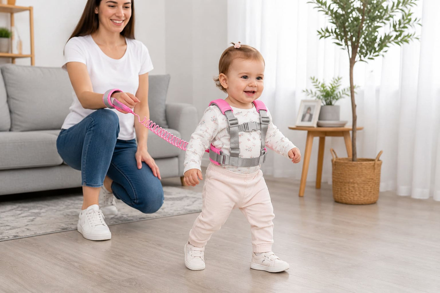 Beba sa roze sigurnosnim pojasom za prve korake u modernoj dnevnoj sobi